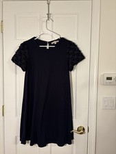 LOFT Navy Short Sleeve A-Line Dress w/ Textured Sleeves – Size MT