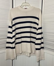 TOMMY HILFIGER Womens L Navy White Ivory Stripe Sweater NWT Chunky Knit Pullover