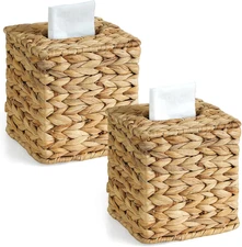 2 Pack Rattan Tissue Box Cover, Wicker Tissue Box Holder Square, Boho Decorative