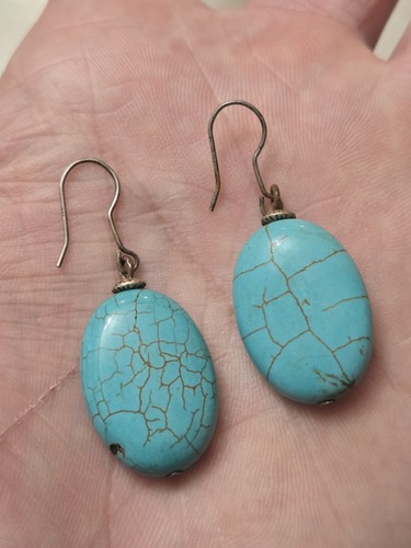 2 orecchini pendenti vintage in argento 925 e ovale TURCHESE HOWLITE goccia - Foto 3 di 4