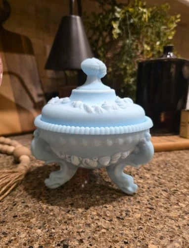 RARE Westmoreland Blue Milk Glass Argonaut Footed Candy Dish Shell Lid Vintage