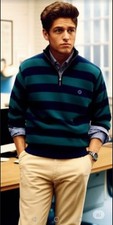 Chaps Striped Knit Pullover Sweater XL Navy  Green Cotton Quarter-Zip Mens Top