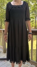 1. STATE Black Smocked Midi Dress Square Neck Puff Sleeve Chiffon M 8122956