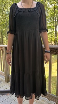 1. STATE Black Smocked Midi Dress Square Neck Puff Sleeve Chiffon M 8122956