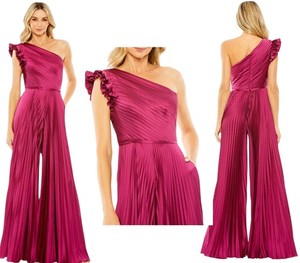 Mac Duggal Ieena One Shoulder Pleated Formal Jumpsuit Berry Ruffle Size 10