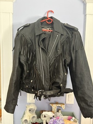 VINTAGE FIRST GENUINE LEATHER BLACK FRINGE LEATHER MOTORCYCLE JACKET SZ 44