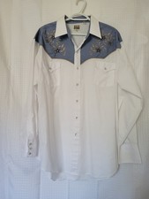 Vintage Ely Cattleman Cowboy Pearl Snap Button Down Blue Floral Vine Western