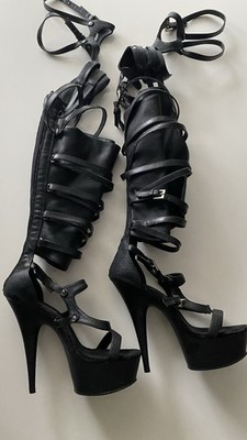 Pleaser Overkneestiefel Leder Schwarz Gr. 8 Mit Viele Riemen
