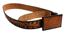 VTG 70s Tooled Embossed Leather Belt Filagree Horse Equestrian Western Size 34