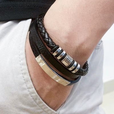 Trendy Leather Bracelets For Men Stainless Steel Bracelet 21CM Multilayer Braide
