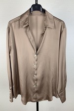 ZARA Damen Gr. S Satin Hemdbluse seidiger Glanz langarm Bluse Taupe Bronze 0A3
