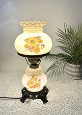 Vintage Hurricane Lamp Style Floral Amber Gold Glass “ Electric “  Table Lamp