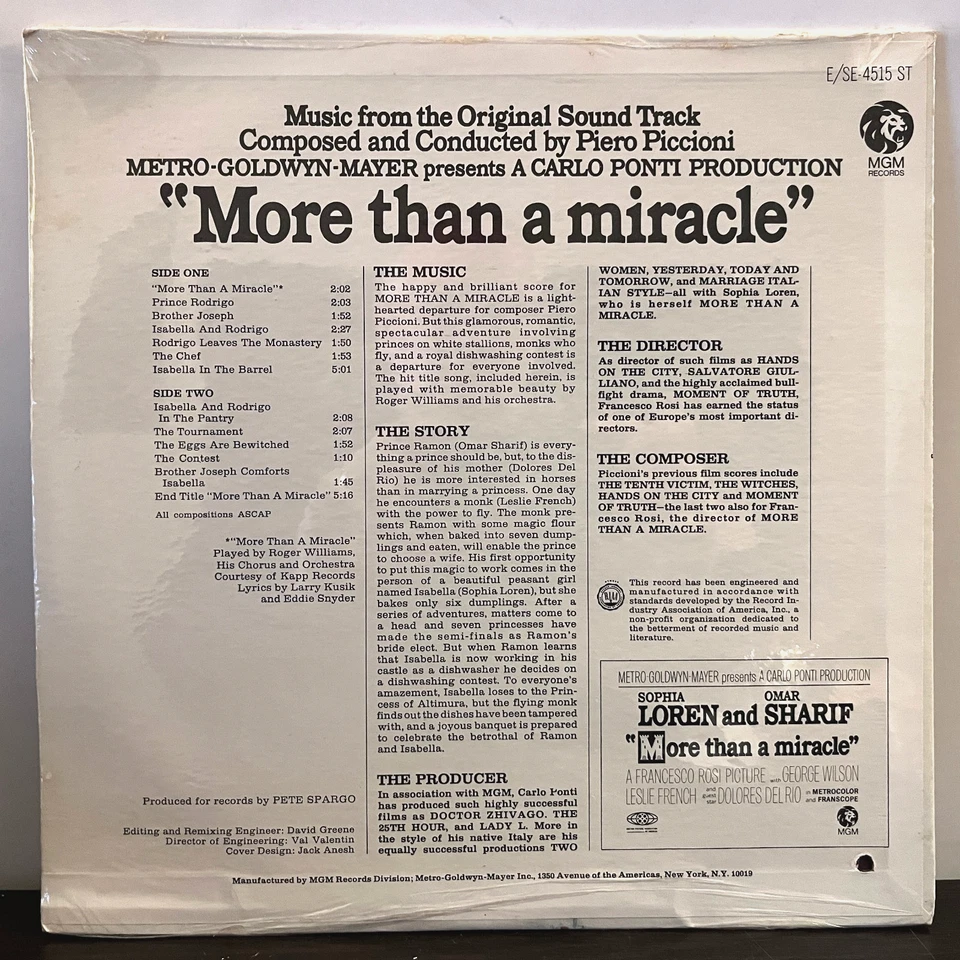 MORE THAN A MIRACLE Soundtrack (Sophia Loren, 1967) 12" Vinyl Record LP - SEALED - Image 2 of 2