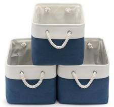 3 PCS Foldable Fabric Large Storage Bins Handles 15x11x10 Inch White Blue