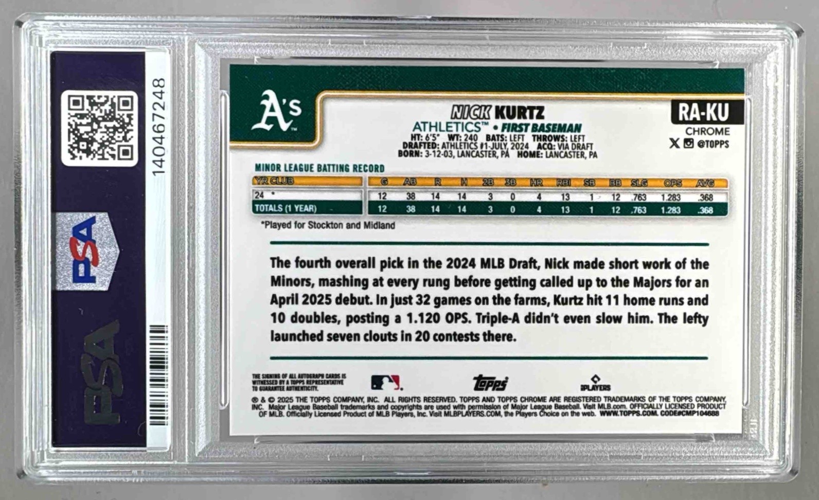 Nick Kurtz 2025 Topps Chrome Sapphire Gold Refractor Rookie Auto RC 46/50 PSA 10 view 2