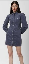 Forever 21 Corduroy Mini Shirt Dress Small Button Up Long Puff Sleeves Preppy