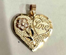 14K Yellow Gold Rose gold accent Flower "Love" Heart Pendant 16mm Charm 1.0gram