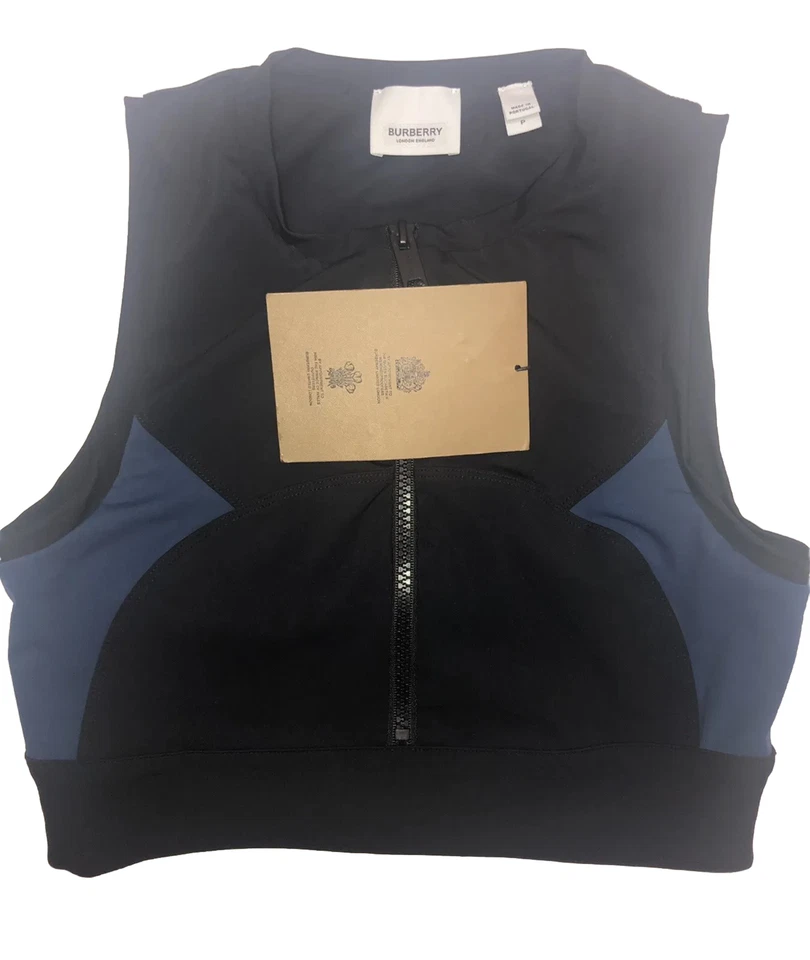 Sujetador deportivo BURBERRY negro y azul atlético recortado top cremallera espalda logotipo S Foto 4 de 4