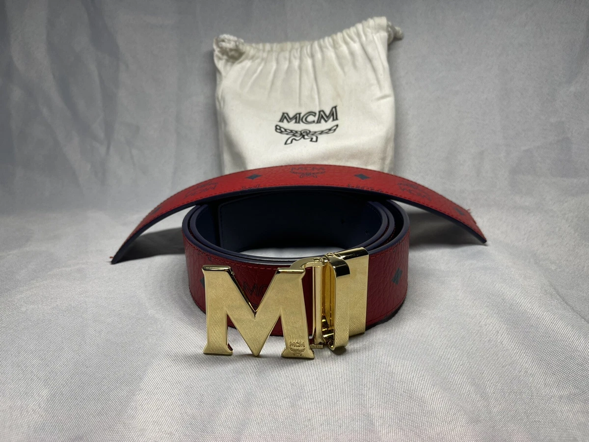 Shop MCM Claus M Reversible Belt in Black Logo Visetos