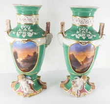 Antique Pair of Large Green Old Paris Vases With Landscape Decoration & Rams