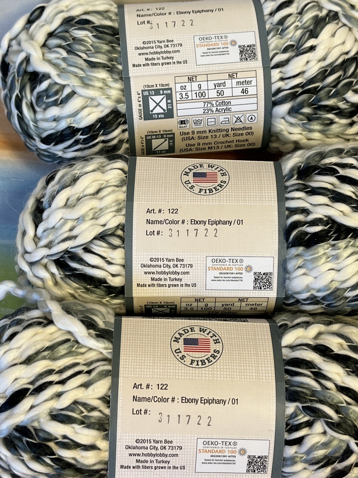 NEW lot 3 skeins Yarn Bee Cotton XXL New Spin Ebony Epiphany same dye