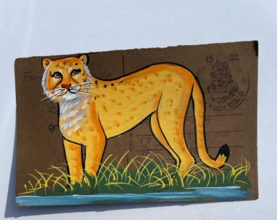 SCHÖNE ALTE RAJASTHAN MINIATUR GEMÄLDE INDISCHE POSTKARTE EINES LEOPARDEN NR. 006