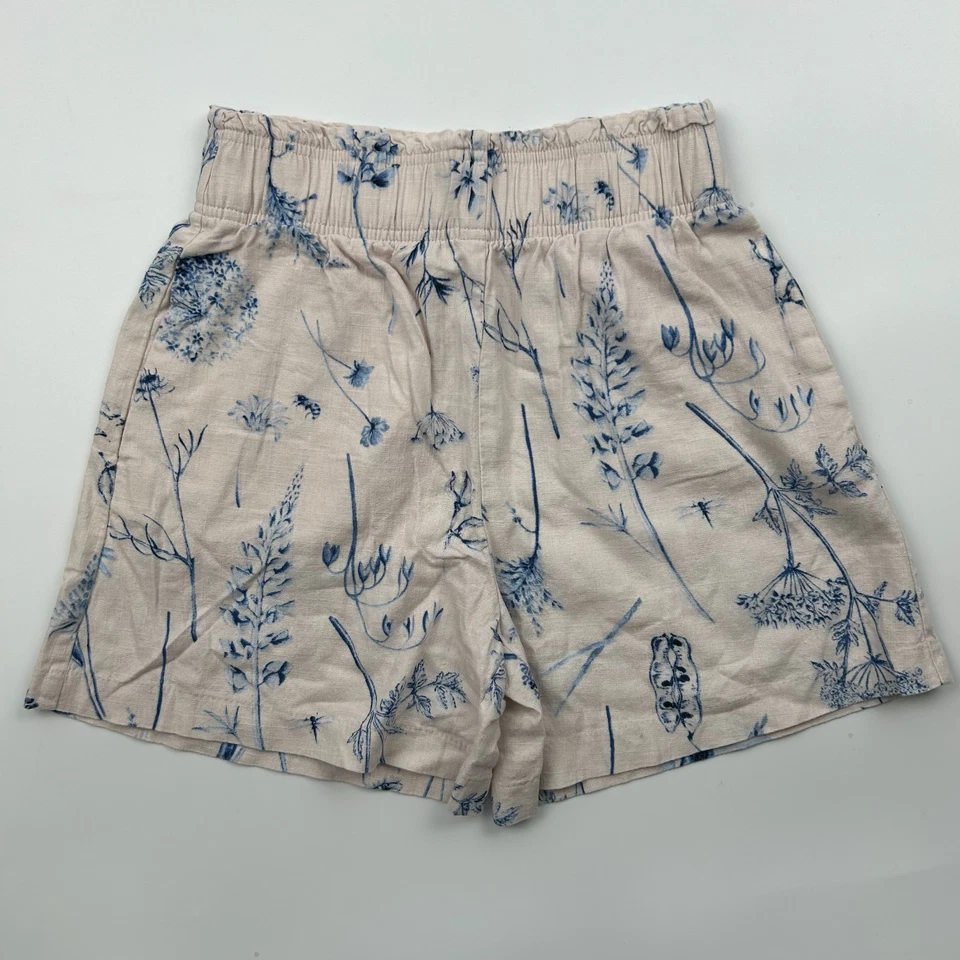 Pantalones Cortos H&M Crema/Rosa Azul Lino Mezcla Viscosa Tiro Alto Cintura Elástica Talla XS Foto 2 de 4