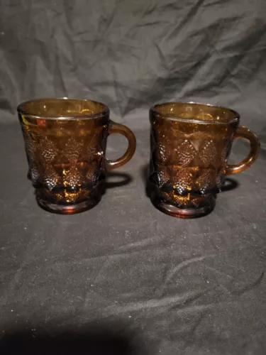 Two Anchor Hocking Diamond Kimberly Dark Amber Oven-Proof Mugs USA
