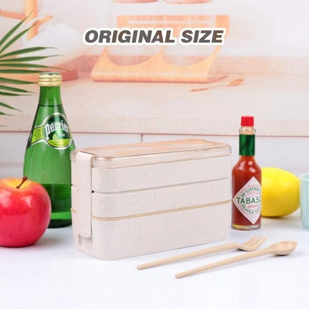 Japanese Bento Lunch Box with 3 Compartments - Eco-Friendly Wheat Straw Design