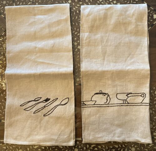 Pair VTG Unused Linen Embroidered Dish/Tea/Kitchen Towels Beige Yellow Stripe XL - Picture 1 of 23