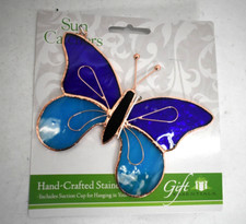 Dark  Light Blue Handcrafted Stained Glass Butterfly Suncatcher GE153