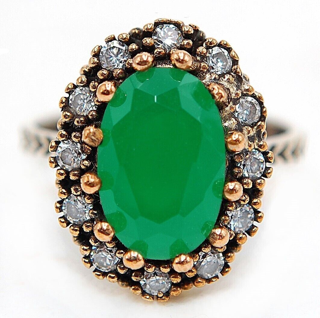 Vintage Ottoman 5CT Emerald Sterling Silver Ring Sz 7.5 H1-8