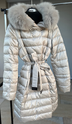 Max Mara Mantel Steppjacke Daunenjacke Pelz Fuchsfell 36 Cube Grau Beige Fell