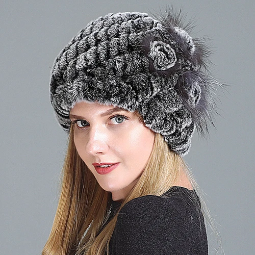Damen Echt Rex Kaninchenfell Beanie Mütze Winter Warm Mütze mit Fuchs Handarbeit Geflochten - Bild 47 von 52