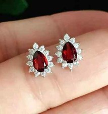 2Ct Pear Cut Lab Created Red Ruby Stud Halo Earrings 14K White Gold Plated