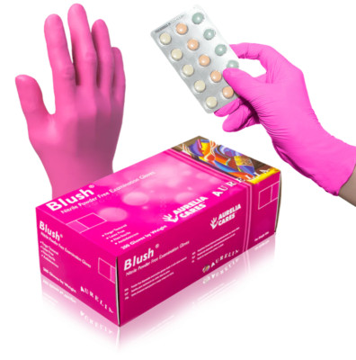 Aurelia Blush Pink Nitrile Exam Gloves   Powder-Free, Latex-Free, 2.5 mil 200/Bx