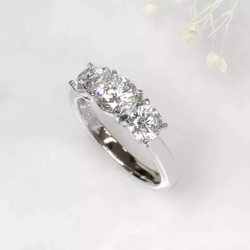 2.00Ct Round VVS1 Moissanite Three Stone Engagement Ring 14K White Gold Plated - Picture 4 of 4