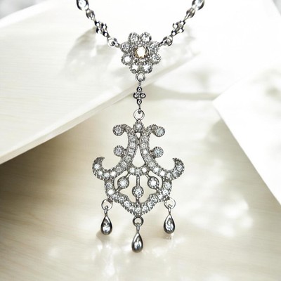 Vintage 14k Weißgold natürlicher Diamant Kronleuchter Hänger Anhänger Halskette