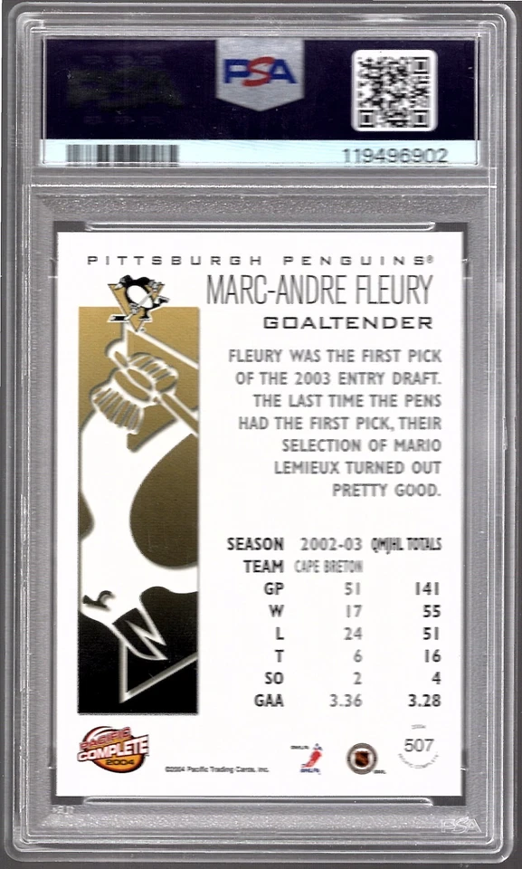 MARC-ANDRE FLEURY 2003-04 Pacific Complete Rookie #507 Pittsburgh RC PSA 10 - Image 2 of 2