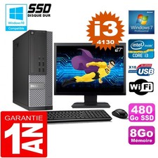 PC DELL 7020 SFF Core I3-4130 Ram 8Go Disque 480 Go SSD Wifi W7 Ecran 27"