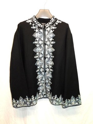 Take Two 1X Black Blue Embroidered Shirt Jacket Wool Blend Banded Collar Button