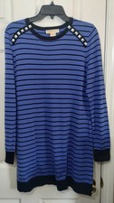 Michael Kors Blue/Black Striped Stud-Shoulder Mini Dress, Sz Large