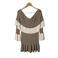 Worth Beige Cream Ribbed Knit Off The Shoulder Ruffle Sweater Top XL