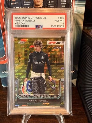 2025 Topps F1 Chrome Kimi Antonelli 185 OTM Yellow Logofractor 16/75 PSA 8 NM-MT