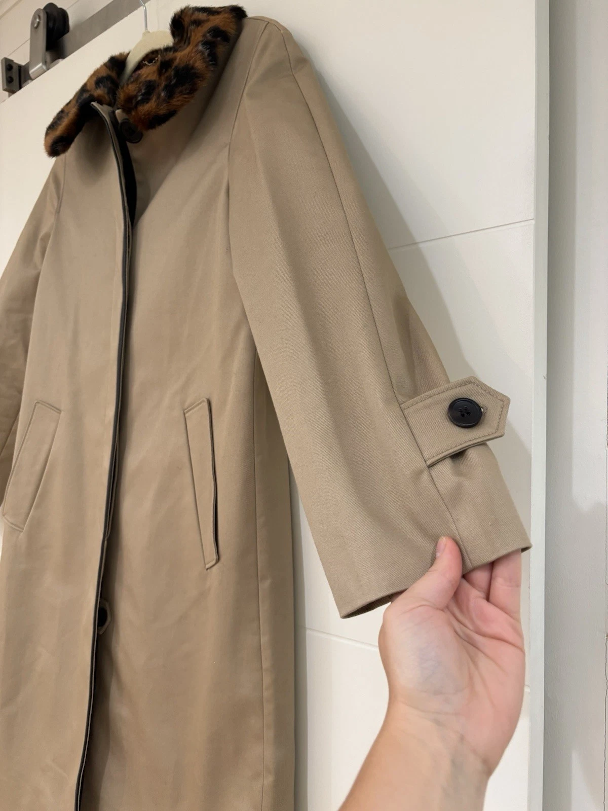 Coach Cappotto Donna Cachi Pelle Bordo Pelliccia Collo Foderato Floreale Trench Tg 0