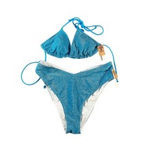 Pink Victoria's Secret Blue Metallic Glitter Bikini Set Small Top Medium Bottoms