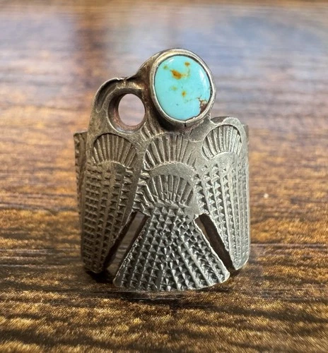 New ListingSouthwestern Turquoise & Silver Thunderbird Ring - Size 6 - Vtg Fred Harvey Era