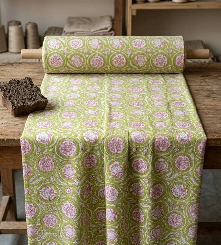 Indian 5 Yard Hand Block Pink Floral Print 100% Cotton Dressmaking Craft Fabric - product listing photo