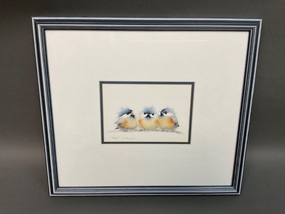 Vintage Valerie Pfeiffer  Trio  Blue Bird Chickadees Framed Art Print Signed.