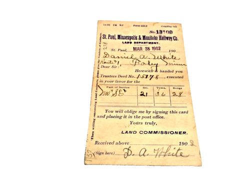 MARCH 1902 GREAT NORTHERN RAILROAD FOLEY MINNESOTA LAND DEED POST CARD